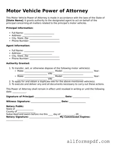 Printable Motor Vehicle Power of Attorney Form