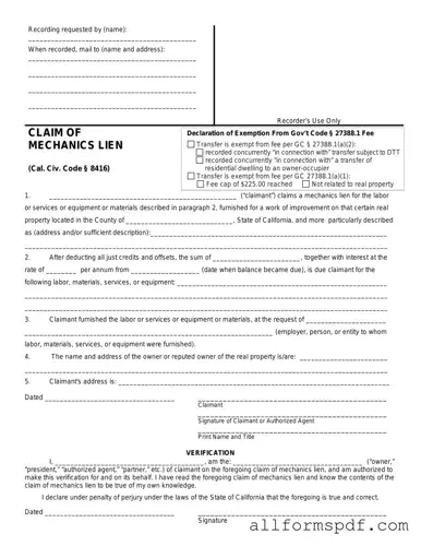 Fill Out Your Mechanics Lien California Form