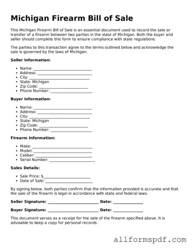 Fillable  Firearm Bill of Sale Form for Michigan