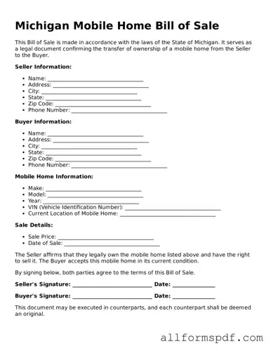 Fillable  Mobile Home Bill of Sale Form for Michigan