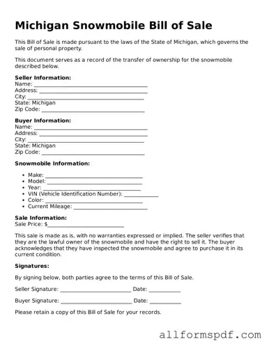 Fillable  Snowmobile Bill of Sale Form for Michigan