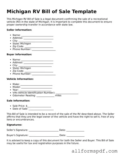 Fillable  RV Bill of Sale Form for Michigan