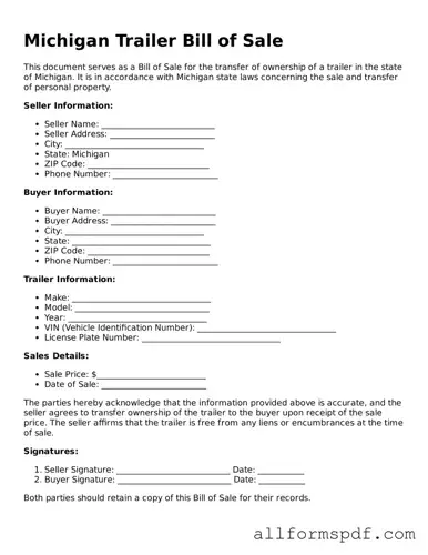 Fillable  Trailer Bill of Sale Form for Michigan