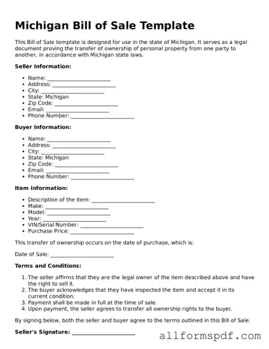 Fillable  Bill of Sale Form for Michigan
