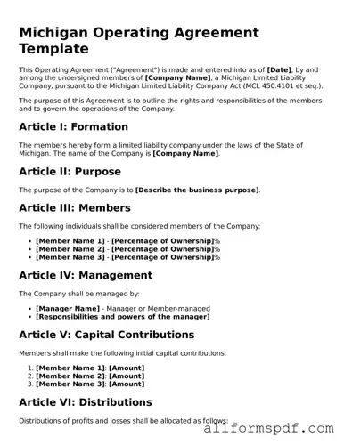 Fillable  Operating Agreement Form for Michigan
