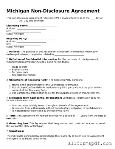 Fillable  Non-disclosure Agreement Form for Michigan