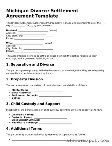 Fillable  Divorce Settlement Agreement Form for Michigan