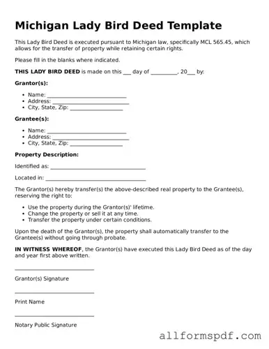 Fillable  Lady Bird Deed Form for Michigan