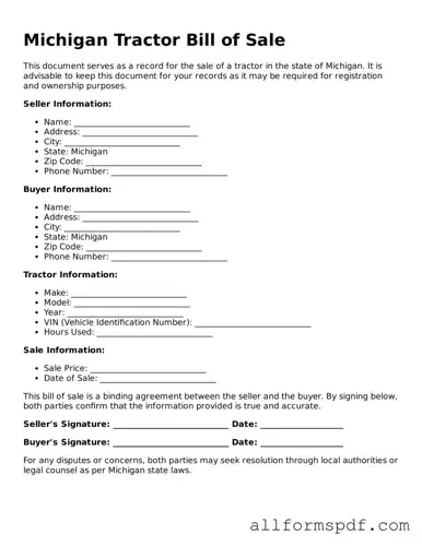 Fillable  Tractor Bill of Sale Form for Michigan