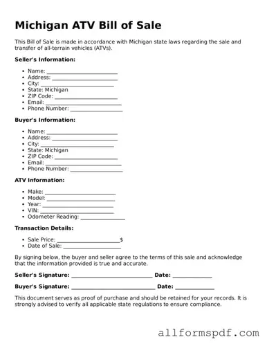 Fillable  ATV Bill of Sale Form for Michigan