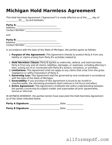 Fillable  Hold Harmless Agreement Form for Michigan