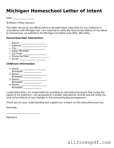 Fillable  Homeschool Letter of Intent Form for Michigan