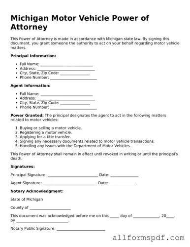 Fillable  Motor Vehicle Power of Attorney Form for Michigan