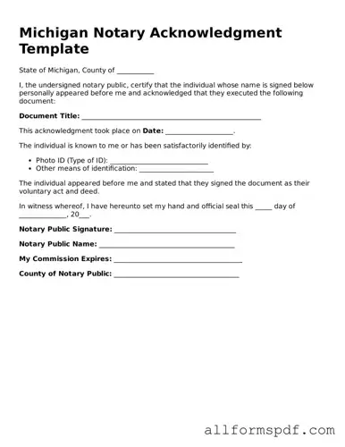 Fillable  Notary Acknowledgement Form for Michigan