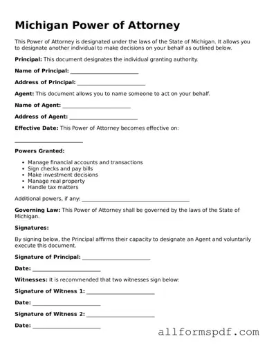 Fillable  Power of Attorney Form for Michigan