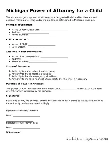Fillable  Power of Attorney for a Child Form for Michigan