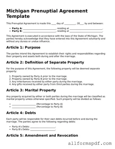 Fillable  Prenuptial Agreement Form for Michigan