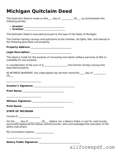 Fillable  Quitclaim Deed Form for Michigan