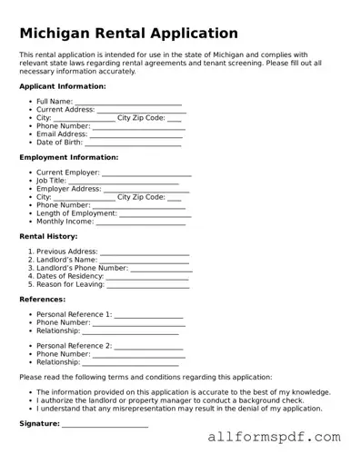 Fillable  Rental Application Form for Michigan