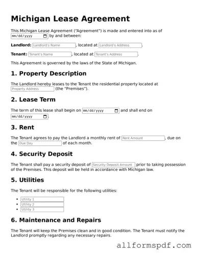 Fillable  Lease Agreement Form for Michigan