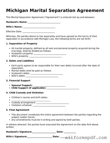 Fillable  Marital Separation Agreement Form for Michigan