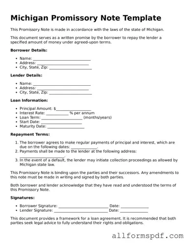 Fillable  Promissory Note Form for Michigan