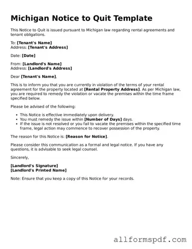 Fillable  Notice to Quit Form for Michigan