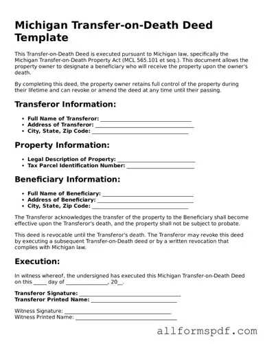 Fillable  Transfer-on-Death Deed Form for Michigan