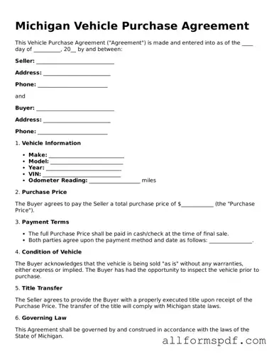Fillable  Vehicle Purchase Agreement Form for Michigan