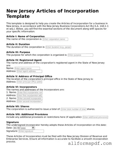 Fillable  Articles of Incorporation Form for New Jersey