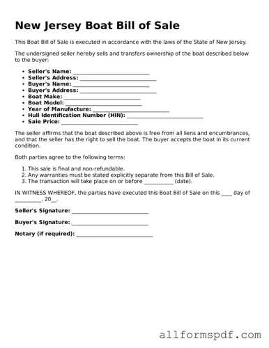 Fillable  Boat Bill of Sale Form for New Jersey