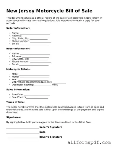 Fillable  Motorcycle Bill of Sale Form for New Jersey