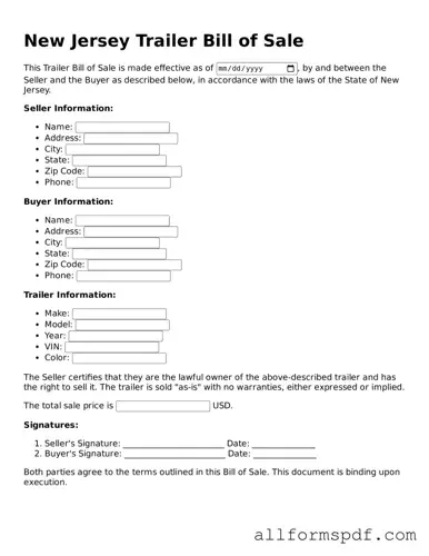 Fillable  Trailer Bill of Sale Form for New Jersey