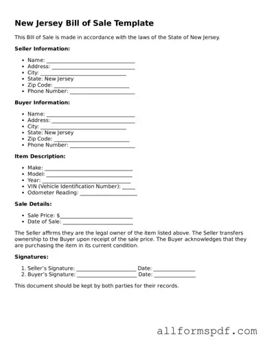 Fillable  Bill of Sale Form for New Jersey