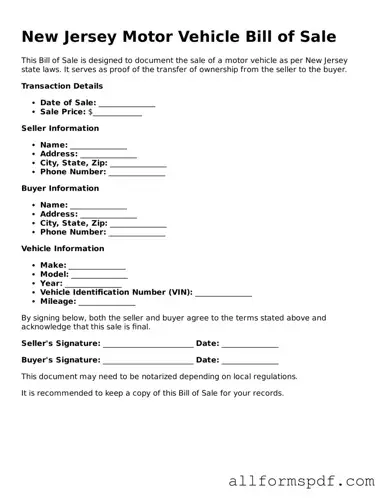 Fillable  Motor Vehicle Bill of Sale Form for New Jersey