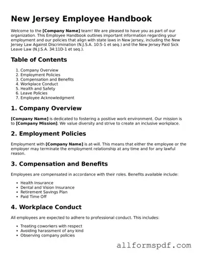 Fillable  Employee Handbook Form for New Jersey