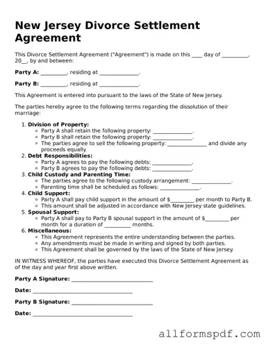 Fillable  Divorce Settlement Agreement Form for New Jersey