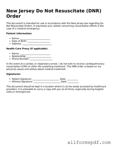 Fillable  Do Not Resuscitate Order Form for New Jersey
