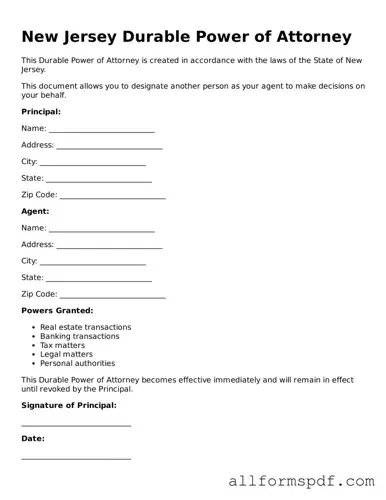 Fillable  Durable Power of Attorney Form for New Jersey