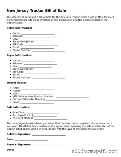 Fillable  Tractor Bill of Sale Form for New Jersey