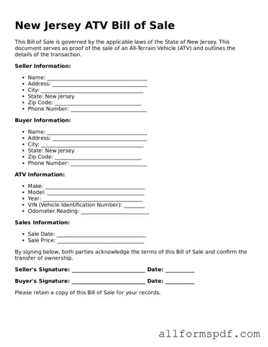 Fillable  ATV Bill of Sale Form for New Jersey