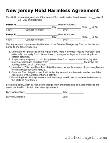 Fillable  Hold Harmless Agreement Form for New Jersey
