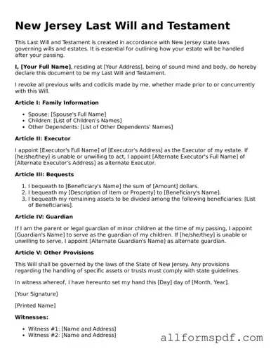 Fillable  Last Will and Testament Form for New Jersey