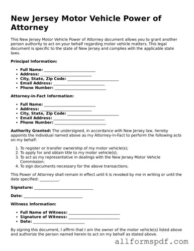 Fillable  Motor Vehicle Power of Attorney Form for New Jersey