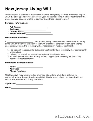 Fillable  Living Will Form for New Jersey