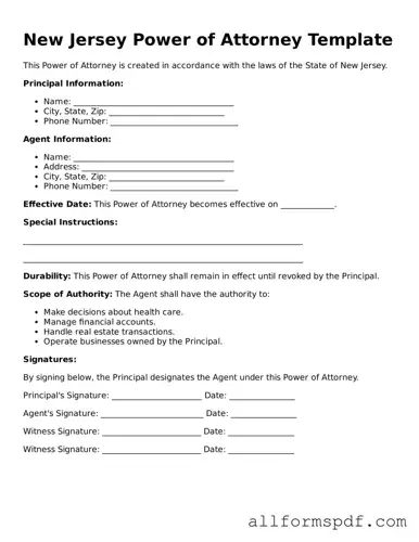 Fillable  Power of Attorney Form for New Jersey
