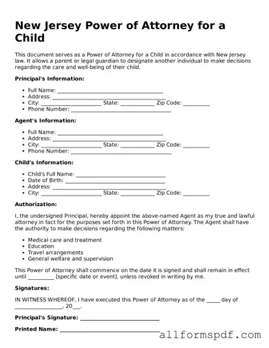 Fillable  Power of Attorney for a Child Form for New Jersey