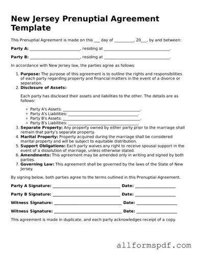 Fillable  Prenuptial Agreement Form for New Jersey