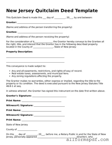Fillable  Quitclaim Deed Form for New Jersey