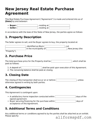 Fillable  Real Estate Purchase Agreement Form for New Jersey